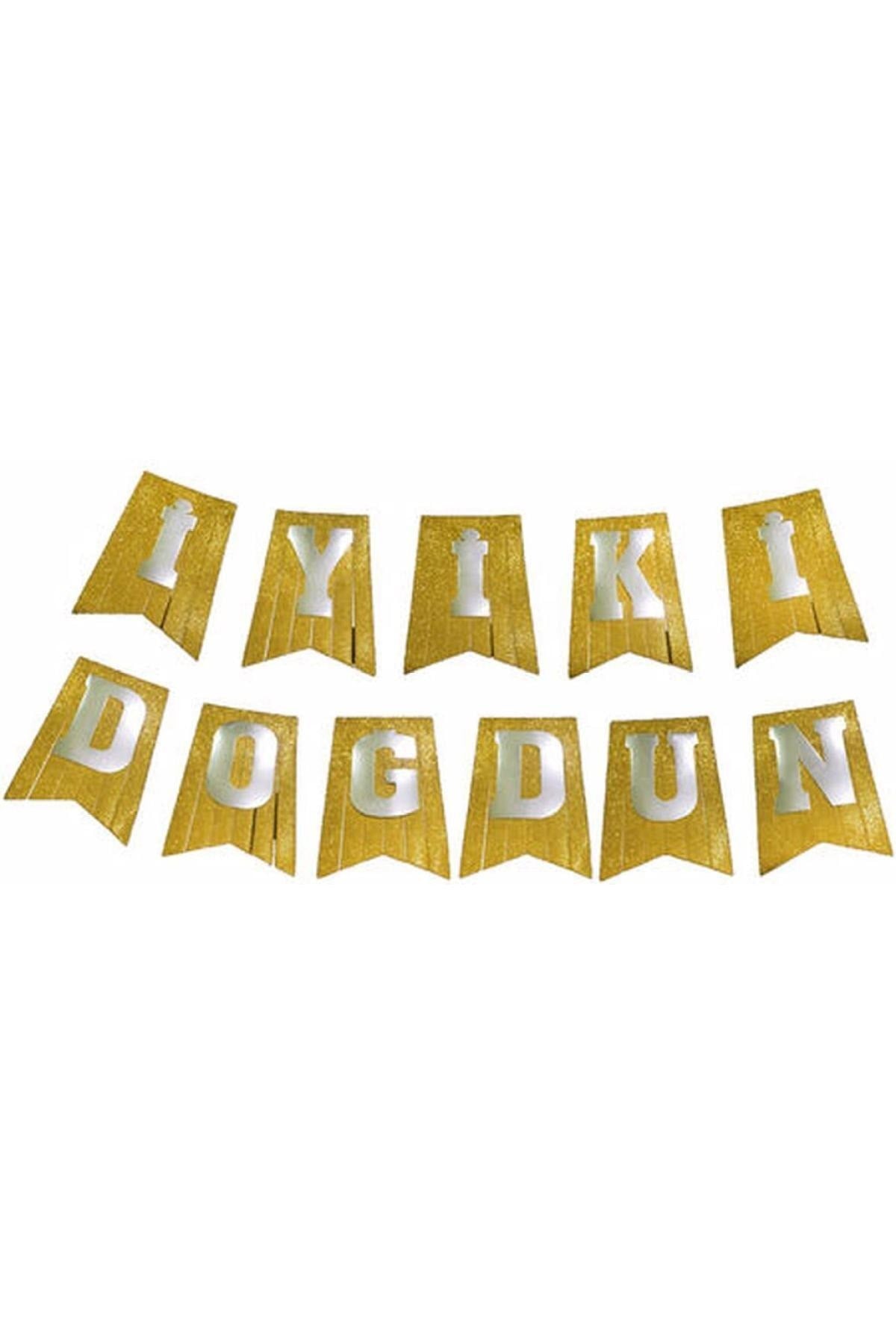 Simli Eva Gold Üstüne Gümüş Gri Yaldızlı Flama Iyiki Doğdun Yazılı Doğum Günü Parti Banner