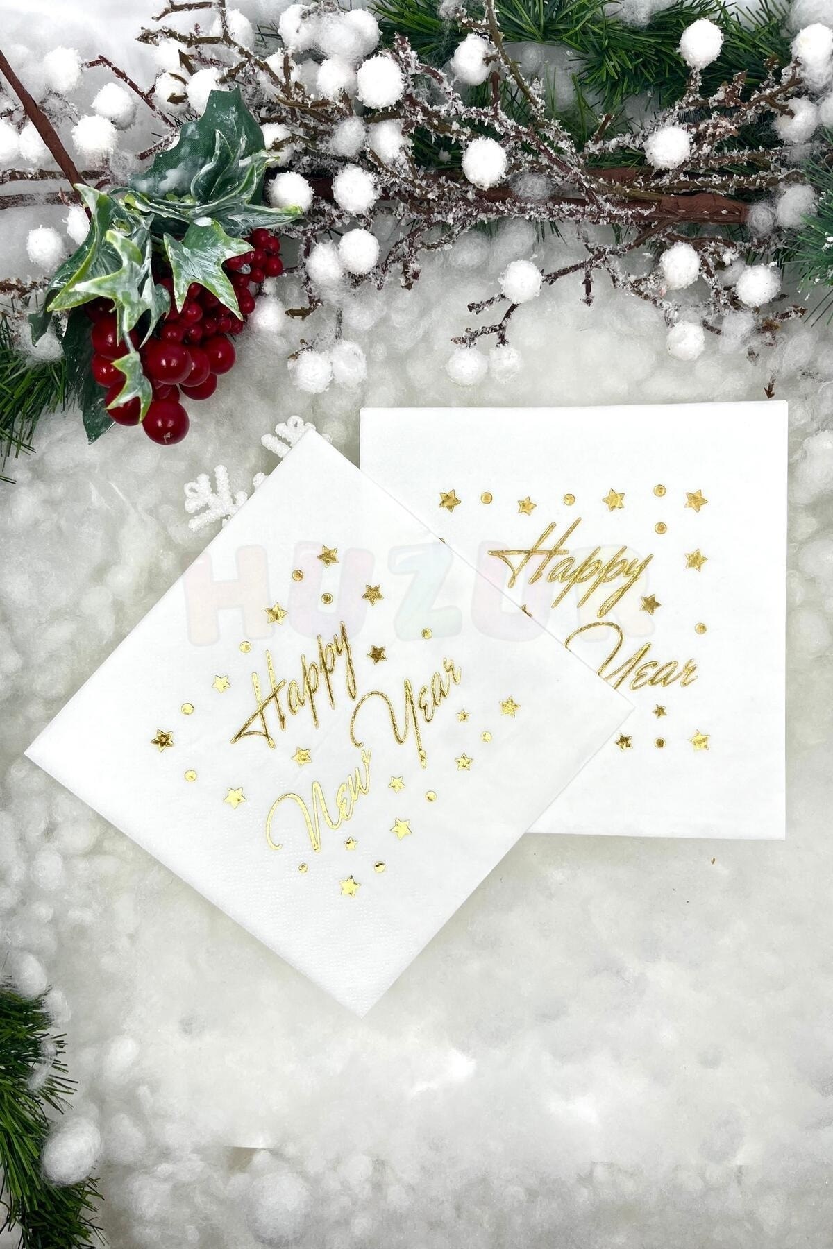 Yaldızlı Yılbaşı Peçete Happy New Year Parlak Baskılı Yıldız Detaylı Beyaz Renkli 16 Adet 16x16 Cm