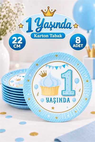 1 Yaş Mavi Temalı Tabak 8 Adet Erkek Karakter Konsept Lisanslı Doğum Günü Parti Tabağı 23 Cm