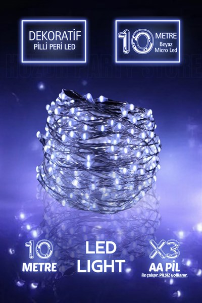 10 Metre Beyaz Renkli Ramazan Bayramı Işığı Süsü Peri Led Işık Dekoratif Pilli 3 Fonksiyonlu Lamba