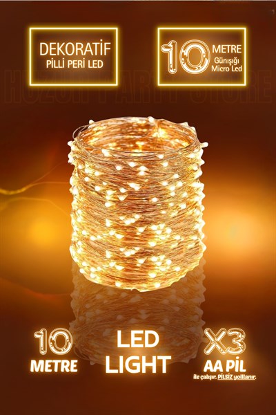 10 Metre Günışığı Ramazan Bayramı Işığı Dini Süsü Peri Led Işık Sarı Pilli Ledli Gece 3 Fonksiyon
