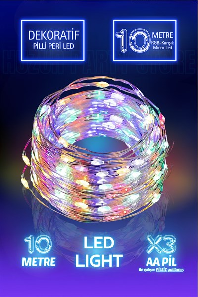 10 Metre Karışık Renkli Ramazan Bayramı Dini Işığı Süsü Peri Led Işık Dekoratif Pilli 3 Fonksiyonlu