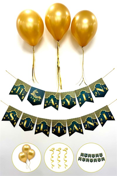 11 Ayın Sultanı Yazısı + 3 Gold Metalik Balon + Balon İpi Süsleme Seti İslami Ramazan Bayramı Süsü