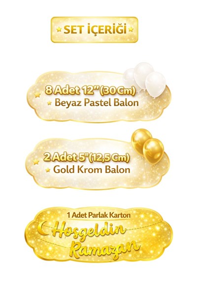 11 Parça Hoşgeldin Ramazan Süsleme Seti 8 Beyaz 2 Gold Krom Balon Demeti Süsü Yeni Sezon İftar Dekor