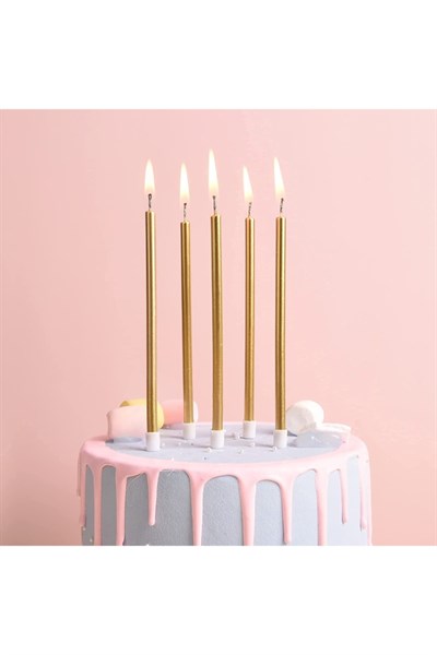 14 Cm Gold Varaklı Mum 6lı Altın Sarısı Ince Uzun Doğum Günü Parti Süsü Pasta Yaş Mumu Ve Altlığı