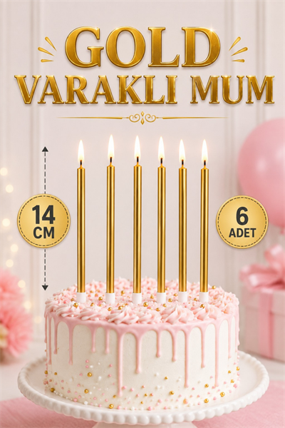 14 Cm Gold Varaklı Mum 6lı Altın Sarısı Ince Uzun Doğum Günü Parti Süsü Pasta Yaş Mumu Ve Altlığı