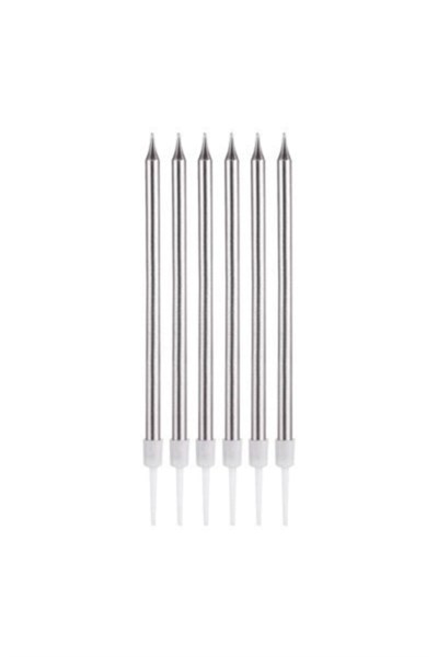14 Cm Gümüş Varaklı Mum 6lı Gri Silver Ince Uzun Doğum Günü Parti Süsü Pasta Yaş Mumu Ve Altlığı