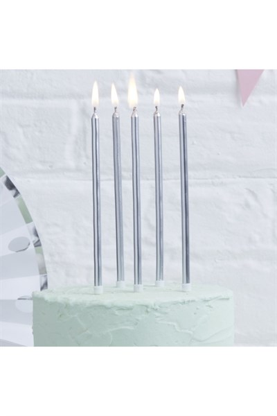 14 Cm Gümüş Varaklı Mum 6lı Gri Silver Ince Uzun Doğum Günü Parti Süsü Pasta Yaş Mumu Ve Altlığı