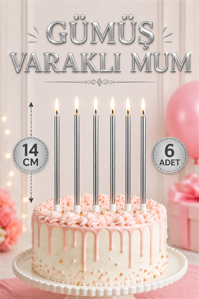 14 Cm Gümüş Varaklı Mum 6lı Gri Silver Ince Uzun Doğum Günü Parti Süsü Pasta Yaş Mumu Ve Altlığı