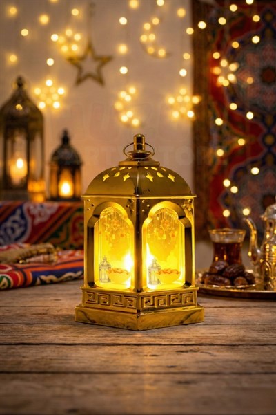 14 Cm Işıklı Ramazan Feneri Hurma Fener Desenli Gold Pilli Sert Plastik Askılı Ramazan Dekoru Süsü