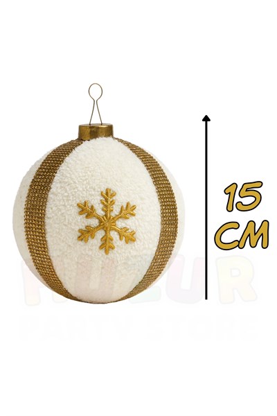15 Cm Peluş Top Işıltılı Gold Şeritli Yılbaşı Ağaç Süsü Kar Tanesi Desenli Büyük Çam Ağacı Süs