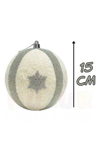 15 Cm Peluş Top Işıltılı Gümüş Şeritli Yılbaşı Ağaç Süsü Kar Tanesi Desenli Büyük Çam Ağacı Süs