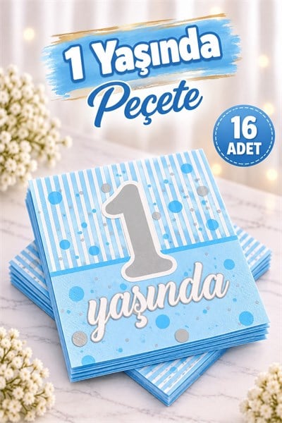 16 Adet Erkek 1 Yaş Peçetesi Ilk Yaşım Doğum Günü Süsü Mavi Doğum Günü Parti Konsepti 16x16 Cm