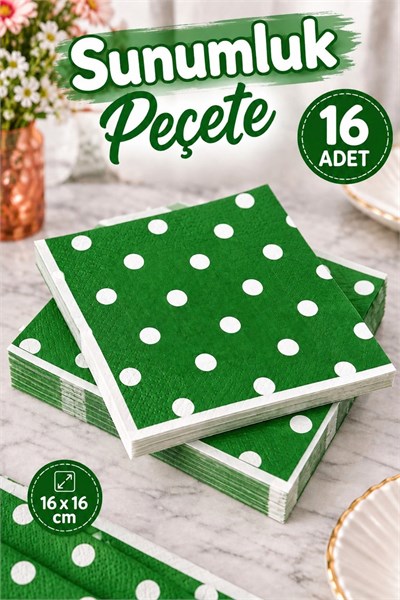16 Adet Yeşil Üstüne Beyaz Renkli Puantiyeli Peçete Noktacık Daire Doğum Günü Parti Konsept 16x16 Cm