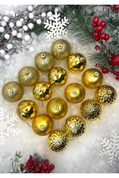 16lı Gold Rengi Cici Top 6 Cm Simli Mat Parlak Kabartmalı Altın Sarısı Yılbaşı Çam Ağacı Süsü