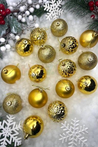 16lı Gold Rengi Cici Top 6 Cm Simli Mat Parlak Kabartmalı Altın Sarısı Yılbaşı Çam Ağacı Süsü