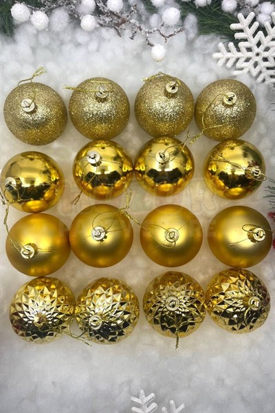 16lı Gold Rengi Cici Top 6 Cm Simli Mat Parlak Kabartmalı Altın Sarısı Yılbaşı Çam Ağacı Süsü