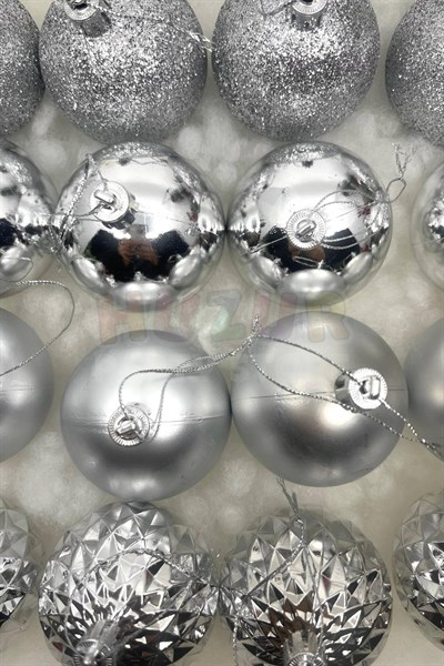 16lı Gümüş Rengi Cici Top 6 Cm Simli Mat Parlak Kabartmalı Gri Silver Yılbaşı Çam Ağacı Süs