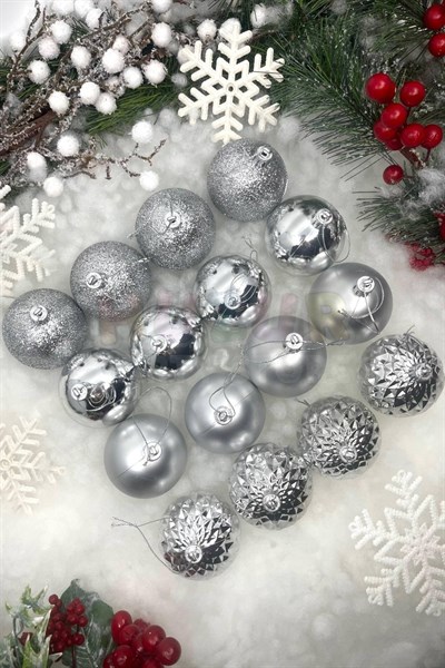 16lı Gümüş Rengi Cici Top 6 Cm Simli Mat Parlak Kabartmalı Gri Silver Yılbaşı Çam Ağacı Süs
