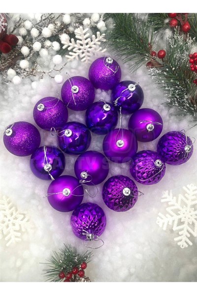 16lı Mor Renkli Cici Top 6 Cm Simli Mat Parlak Kabartmalı Yılbaşı Yeni Yıl Çam Ağacı Kutulu Süs