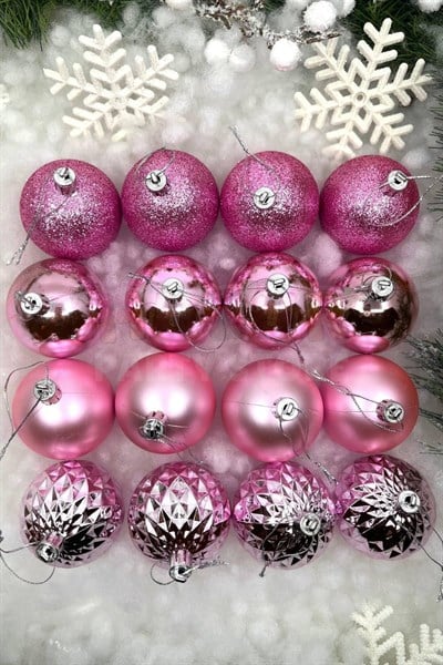 16lı Pembe Renkli Cici Top 6 Cm Simli Mat Parlak Kabartmalı Yılbaşı Yeni Yıl Çam Ağacı Kutulu Süs