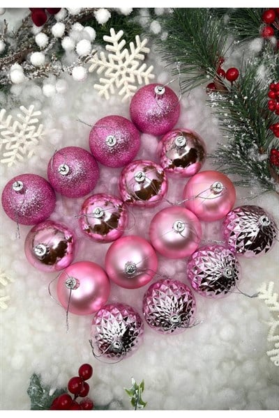 16lı Pembe Renkli Cici Top 6 Cm Simli Mat Parlak Kabartmalı Yılbaşı Yeni Yıl Çam Ağacı Kutulu Süs