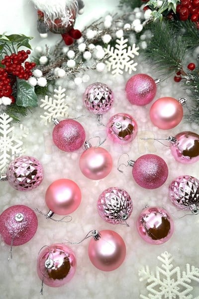 16lı Pembe Renkli Cici Top 6 Cm Simli Mat Parlak Kabartmalı Yılbaşı Yeni Yıl Çam Ağacı Kutulu Süs