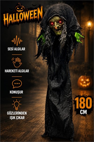 180 Cm Konuşan Işıklı Dev Cadı Dekor Sese ve Harekete Duyarlı Halloween Partisi Cadılar Bayramı