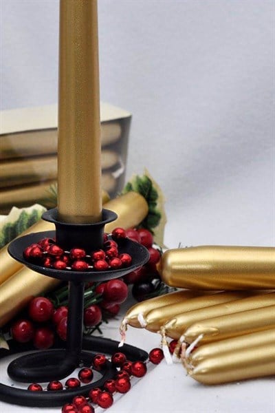 2 Adet Altın Varaklı Gold Renk Silindir Konik Şamdan Mumu Sedefli Sarı Uzun Ince Konik 2li 2x25 Cm