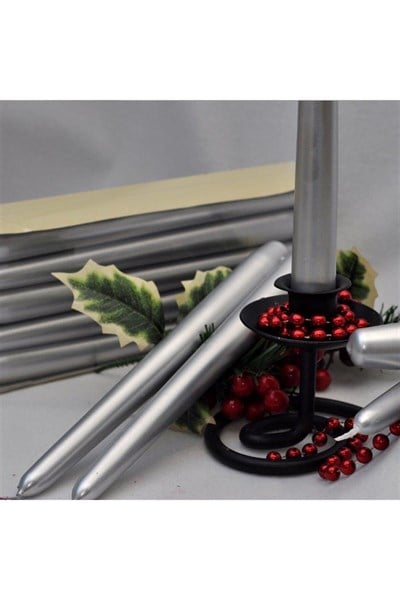 2 Adet Gümüş Varaklı Gri Renk Silindir Konik Şamdan Mumu Sedefli Silver Uzun Ince Konik 2li 2x25 Cm