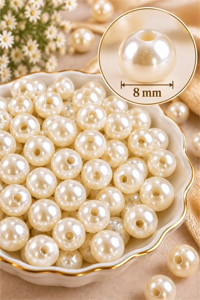 200 Adet 8 mm Delikli Plastik İnci Krem Parlak Boncuk 50 Gr Takı Tasarım Bijüteri Aksesuar Malzemesi