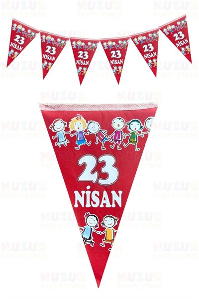 23 Nisan El Ele Çocuklar Üçgen Bayrak Kırmızı Flama 10 Bayraklı 160 Cm 15x23 Cm Milli Bayram Süsü