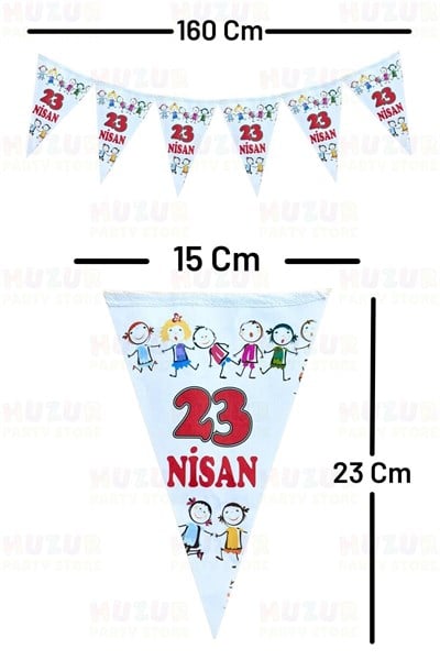 23 Nisan El Ele Çocuklar Üçgen Bayrak Beyaz Flama 10 Bayraklı 160 Cm 15x23 Cm Milli Bayram Süsü