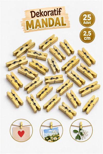 25 Adet Altın Renkli Ahşap Gold Minik Mandal Fotoğraf Asmalık Dekoratif Süsleme Mini Mandal