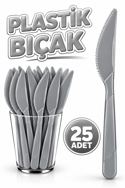 25 Adet Gümüş Renkli Bıçak Sert Dayanaklı Plastik Gri Silver Lüks Kullan At Doğum Günü Parti Bıçağı