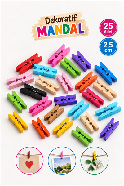 25 Adet Karışık Renk Ahşap Minik Renkli Mandal Fotoğraf Asmalık Dekoratif Kağıt Tutucu Mini Mandal