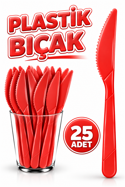 25 Adet Kırmızı Renkli Bıçak Sert Dayanaklı Plastik Lüks Kullan At Doğum Günü Parti Sunum Bıçağı