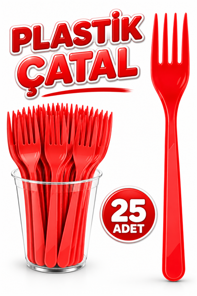 25 Adet Kırmızı Renkli Çatal Sert Dayanaklı Plastik Lüks Kullan At Doğum Günü Parti Sunum Çatalı