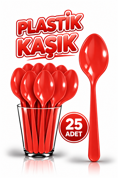 25 Adet Kırmızı Renkli Kaşık Sert Dayanaklı Plastik Lüks Kullan At Doğum Günü Parti Sunum Kaşığı