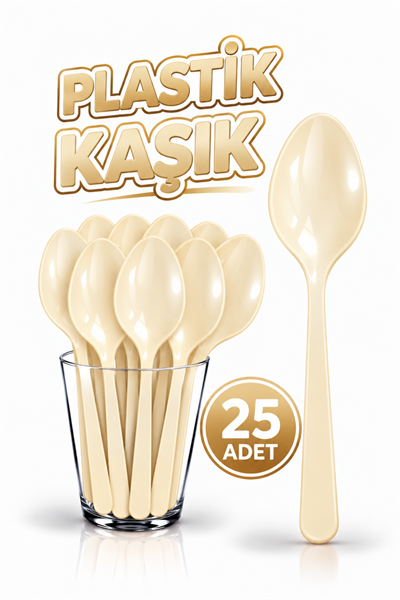 25 Adet Krem Renkli Kaşık Sert Dayanaklı Plastik Lüks Kullan At Doğum Günü Parti Sunum Kaşığı