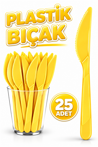 25 Adet Sarı Renkli Bıçak Sert Dayanaklı Plastik Lüks Kullan At Doğum Günü Parti Sunum Bıçağı
