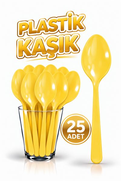 25 Adet Sarı Renkli Kaşık Sert Dayanaklı Plastik Lüks Kullan At Doğum Günü Parti Sunum Kaşığı