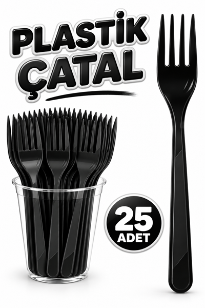 25 Adet Siyah Renkli Çatal Sert Dayanaklı Plastik Lüks Kullan At Doğum Günü Parti Sunum Çatalı