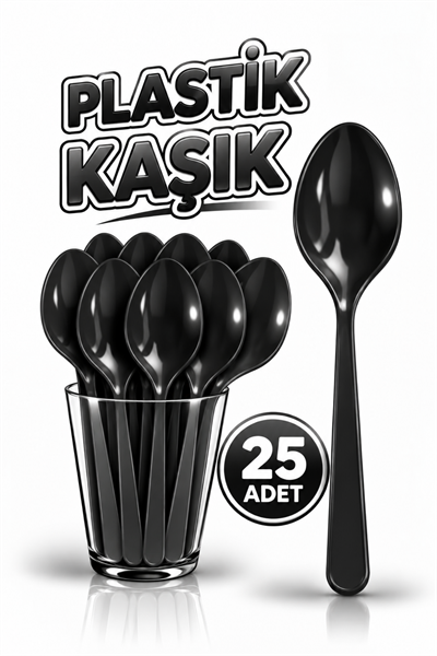 25 Adet Siyah Renkli Kaşık Sert Dayanaklı Plastik Lüks Kullan At Doğum Günü Parti Sunum Kaşığı