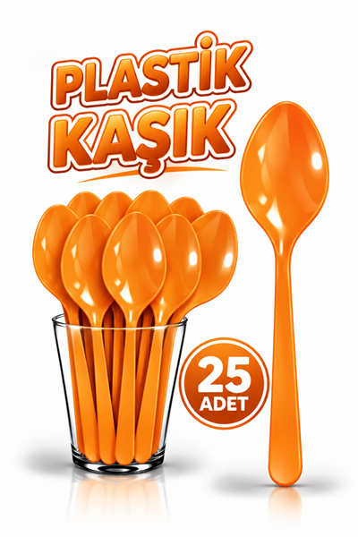 25 Adet Turuncu Renkli Kaşık Sert Dayanaklı Plastik Lüks Kullan At Doğum Günü Parti Sunum Kaşığı