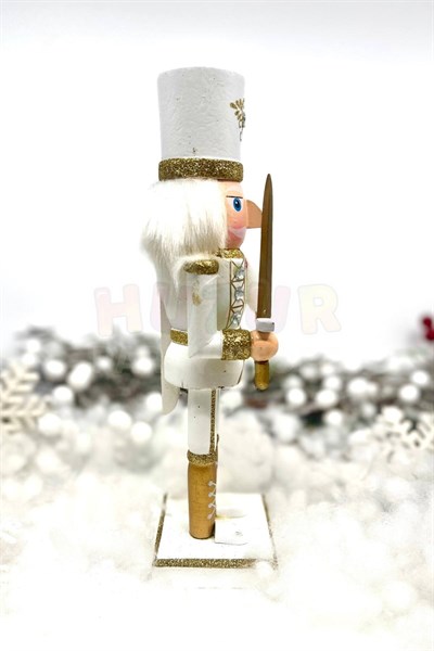 25 Cm Kılıçlı Fındıkkıran Gold Beyaz Renkli Kurşun Asker Simli Nutcracker Yılbaşı Yeni Yıl Dekoru