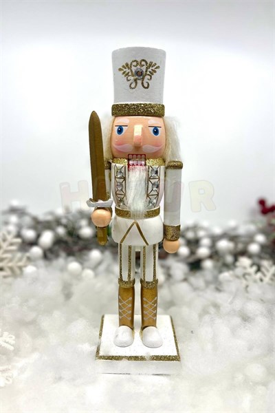 25 Cm Kılıçlı Fındıkkıran Gold Beyaz Renkli Kurşun Asker Simli Nutcracker Yılbaşı Yeni Yıl Dekoru