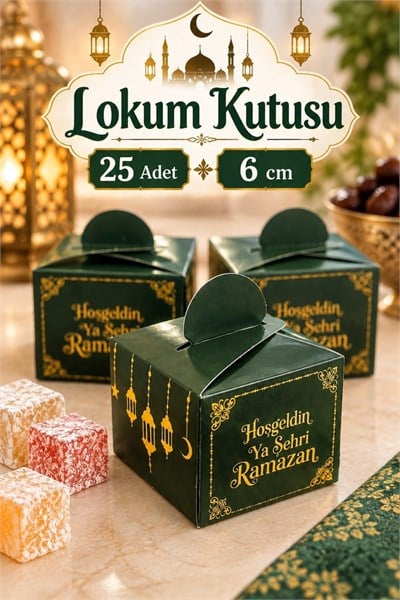 25 Li Ramazan Bayramı Küp Lokumluk 4.5x5.5 Cm Hoşgeldin Ya Şehri Ramazan Baskılı Yeşil Konsept Süsü