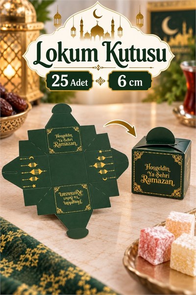25 Li Ramazan Bayramı Küp Lokumluk 4.5x5.5 Cm Hoşgeldin Ya Şehri Ramazan Baskılı Yeşil Konsept Süsü