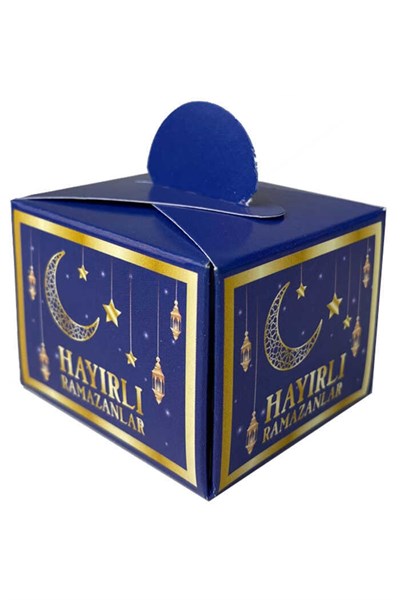 25 Li Ramazan Bayramı Küp Lokumluk 4.5x5.5 Cm Hayırlı Ramazanlar Baskılı Lacivert Konsept Dini Süsü